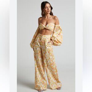 AMALIE SHOWPO NEW Emerita Linen Floral Off Shoulder Twist Crop Top Cotton 10